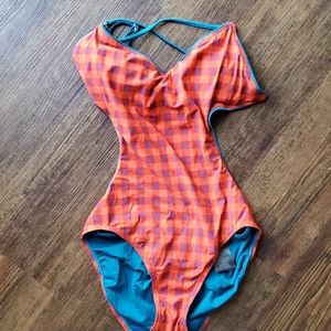 Marc By Marc Jacobs Orange Plaid One-Piece Swimsuit with Teal Trim